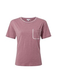 Women's mauve short-sleeve T-shirt with a round neck and small front pocket, both edged with white triangular trim.
