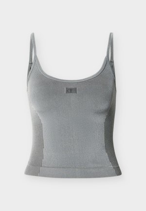 Ανοιχτό γκρι ριμπ crop tank top με λεπτές τιράντες και διακριτικό λογότυπο στο κέντρο του στήθους.