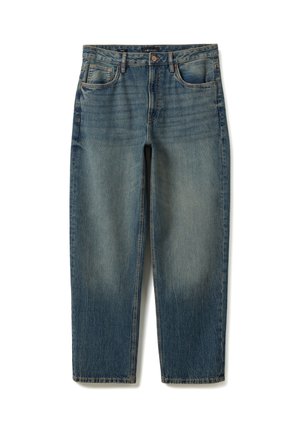 Blue denim jeans with a straight leg cut, front pockets, belt loops, button closure, and faded detailing on thighs and calves.