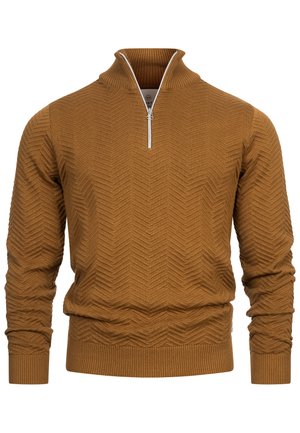 Bronze knitted sweater with a zigzag pattern, half-zip collar, long sleeves, and ribbed cuffs and hem. Durable fabric texture.