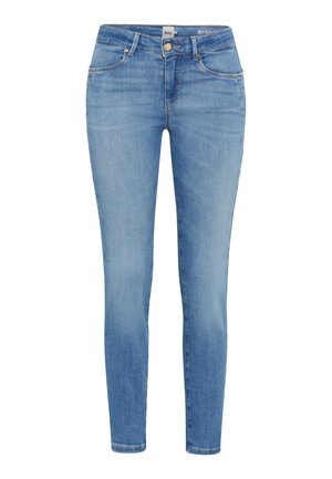 Lichtblauwe skinny jeans met een vervaagde afwerking, vijf-pocket ontwerp, ri loopjes en een knoopsluiting bij de tailleband. Zachte denimtextuur.