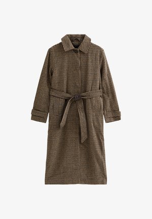 Brown and tan checkered coat with a collar, long sleeves, and a belted waist. Made from textured fabric with button details.