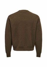 Pull marron à manches longues en maille avec poignets, taille et encolure côte plate, montré de dos sur fond blanc.