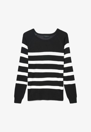 Schwarz-weiß gestreifter Pullover mit rundem Ausschnitt, langen Ärmeln, weicher Stricktextur und gleichmäßigen horizontalen Streifen.