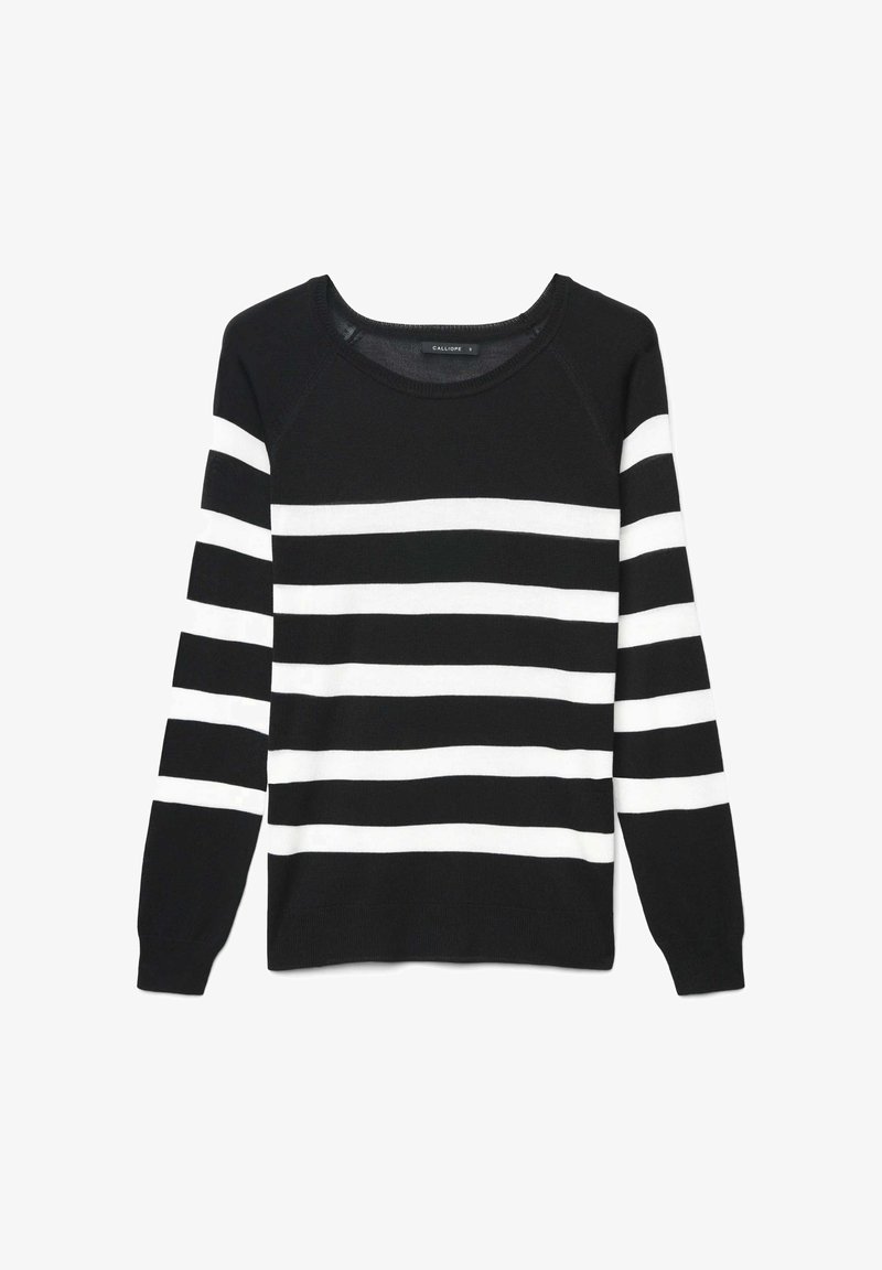 Schwarz-weiß gestreifter Pullover mit rundem Ausschnitt, langen Ärmeln, weicher Stricktextur und gleichmäßigen horizontalen Streifen.