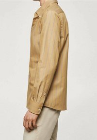 Světle hnědá košile s dlouhými rukávy, s jemnými vertikálními pruhy v modré a krémové barvě. Má zapínací manžety a špičatý límeček.