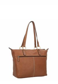 Braune Ledertasche mit zwei Schulterriemen, goldfarbenen Metallakzenten und einer Reißverschluss-Vortasche. Mit sichtbaren Zierstichen.