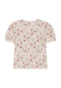 Kortærmet top med en cremefarvet baggrund, der har et blomster- og guldsmedemønster i pink, lilla, gul og grønne nuancer. Blød tekstur.