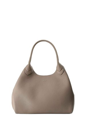 Beige Lederhandtasche mit runder Form, strukturiertem Finish und zwei kurzen Griffen. Verfügt über ein dezentes Logo-Detail auf der Vorderseite.
