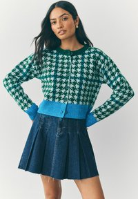 Vrouw met lang, donker haar, gekleed in een groene en blauwe houndstooth vest en een donkerblauwe geplooide denimrok, tegen een effen achtergrond.