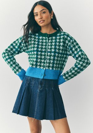 Woman with long dark hair wearing a green and blue houndstooth cardigan and a dark blue pleated denim skirt against a plain background.