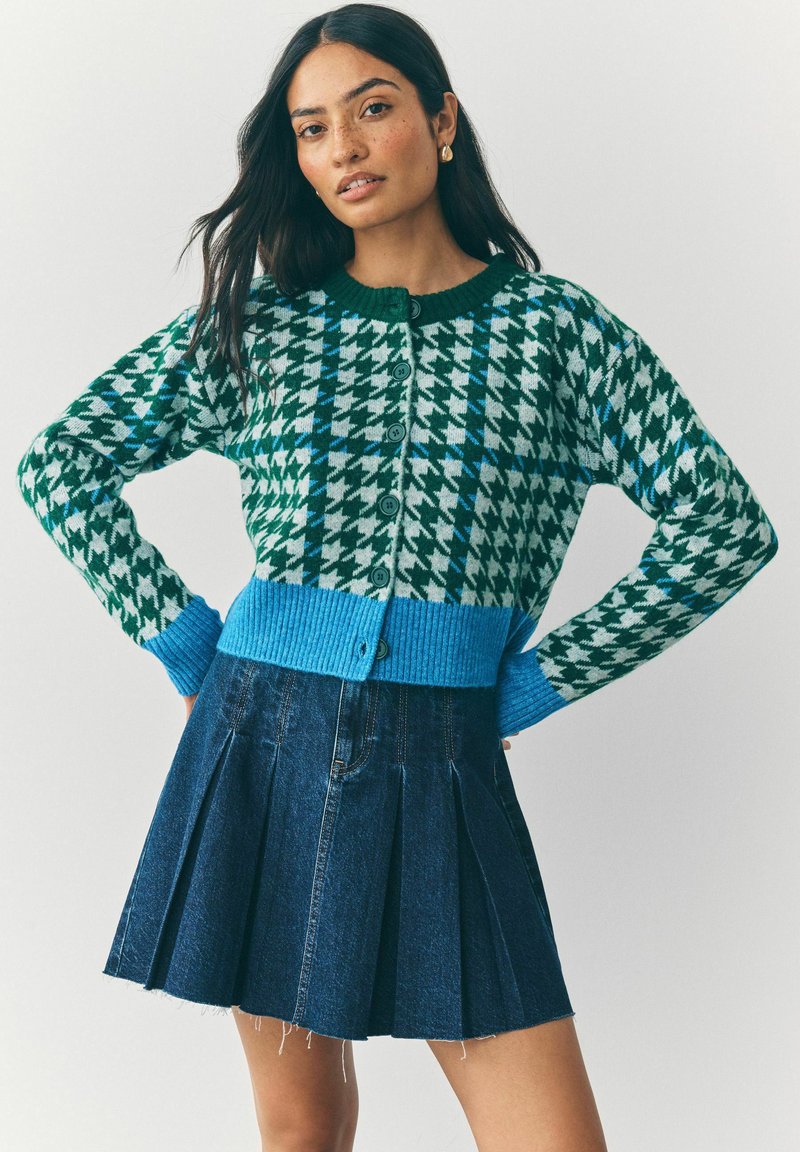 Vrouw met lang, donker haar, gekleed in een groene en blauwe houndstooth vest en een donkerblauwe geplooide denimrok, tegen een effen achtergrond.