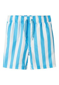 Blue and white striped swim shorts with an elastic waistband and drawstring. The material appears lightweight and smooth.