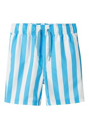 Costume da bagno a righe blu e bianche con cintura elastica e coulisse. Il materiale sembra leggero e liscio.