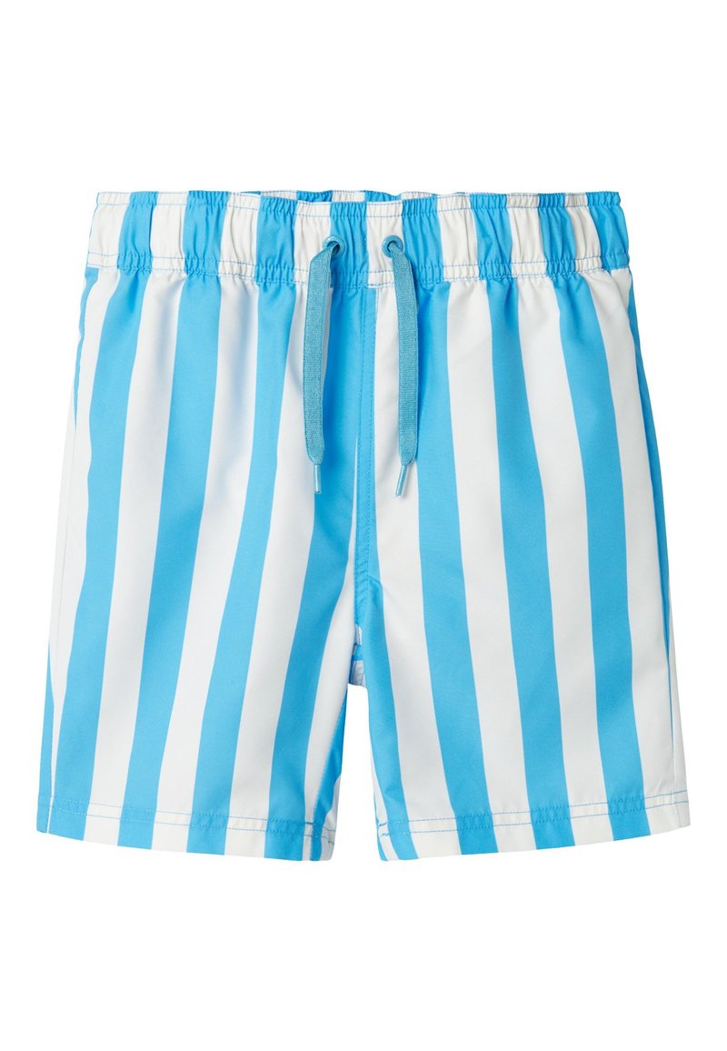 Blue and white striped swim shorts with an elastic waistband and drawstring. The material appears lightweight and smooth.