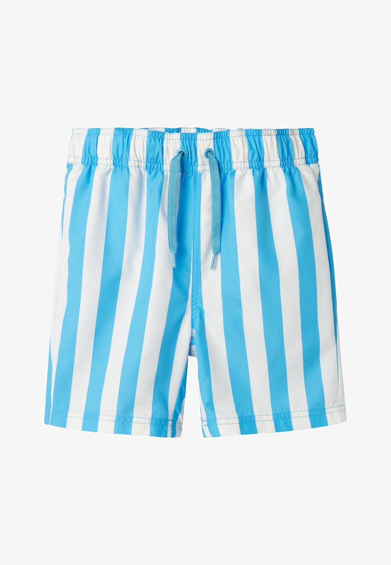 Blue and white striped swim shorts with an elastic waistband and drawstring. The material appears lightweight and smooth.