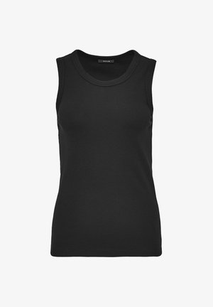 Zwarte mouwloze tanktop, geribbelde structuur, ronde halslijn, aansluitend ontwerp, materiaal lijkt rekbaar, geen zichtbare patronen of accenten.