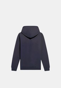 Felpa blu navy realizzata in tessuto morbido, con un grande cappuccio, maniche lunghe e orlo e polsini a costine. Nessuna grafica o decorazioni visibili.