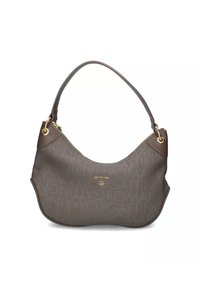 Borsa a spalla marrone con manico curvo, accessori in oro e motivo testuale ripetuto "GATTINONI ROMA" sulla superficie.