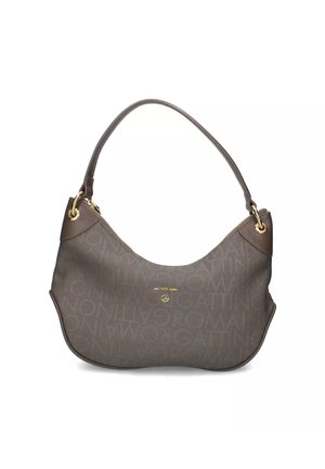 Borsa a spalla marrone con manico curvo, accessori in oro e motivo testuale ripetuto "GATTINONI ROMA" sulla superficie.