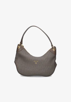 Borsa a spalla marrone con manico curvo, accessori in oro e motivo testuale ripetuto "GATTINONI ROMA" sulla superficie.