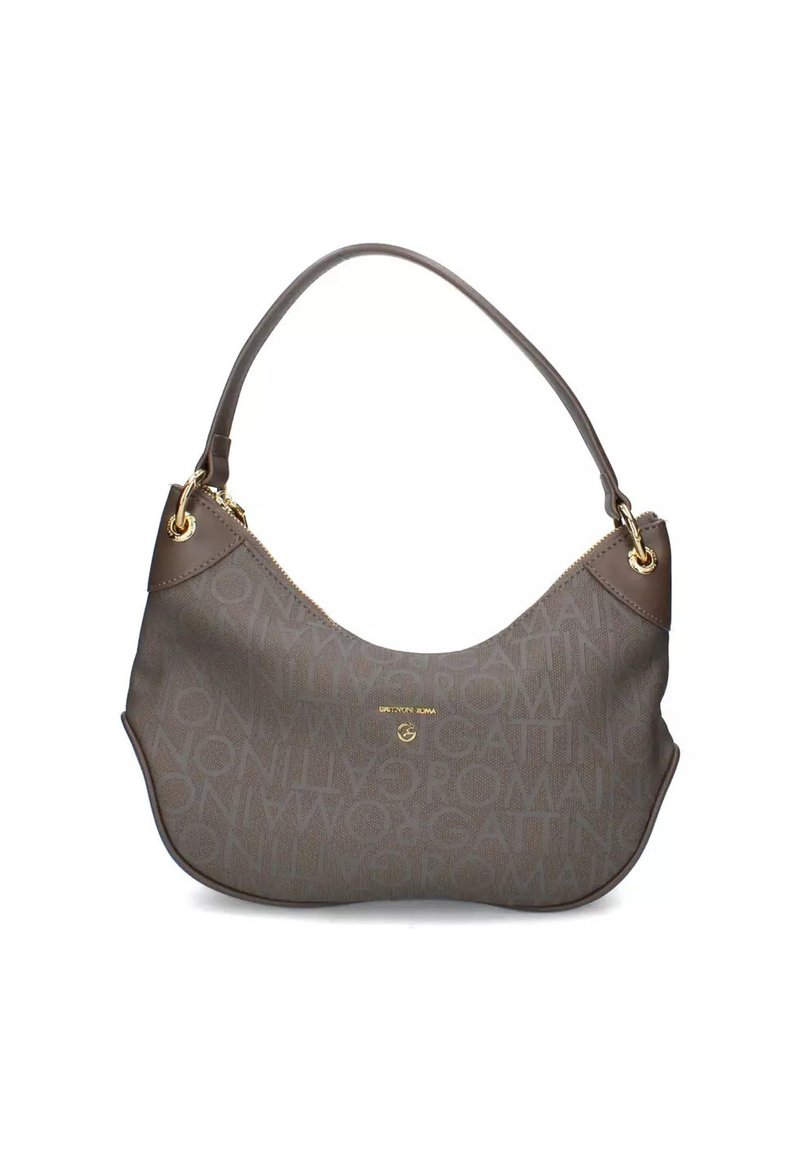 Borsa a spalla marrone con manico curvo, accessori in oro e motivo testuale ripetuto "GATTINONI ROMA" sulla superficie.