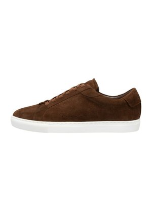 Brown suede low-top sneaker with matching laces and white rubber sole, shown from the outer side on a white background.