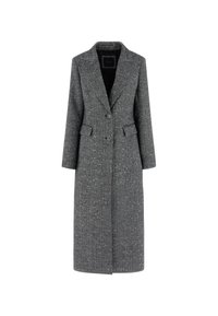 Cappotto lungo grigio a spina di pesce con design sartoriale, due bottoni e tasche laterali. Presenta un collo a risvolto e tessuto testurizzato.