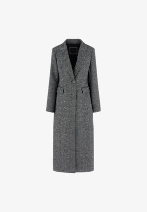 Gray herringbone long coat with a tailored design, two buttons, and side pockets. Features a notch lapel and textured fabric.
