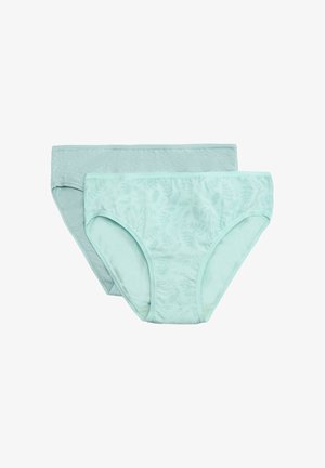 Dos pares de bragas de algodón azul claro para mujer con sutiles patrones de hojas y puntos, colocadas planas y superpuestas sobre un fondo blanco.