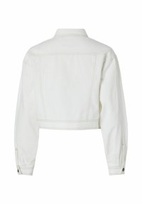 Kort vit denimjacka med långa ärmar, spetsig krage och kontrasterande sömmar. Har knäppta manschetter och detaljer på ryggen.