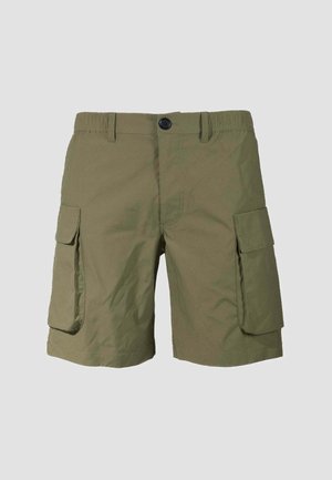 Olivgrüne Cargo-Shorts in knielanger Länge mit Knopfverschluss, elastischem Bund, Gürtelschlaufen und großen seitlichen Klappentaschen an jedem Bein.