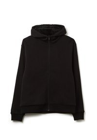 Felpa nera con zip, dotata di un cappuccio foderato in morbido pile, polsini e orlo a coste, e un sottile dettaglio di branding sulla manica sinistra.