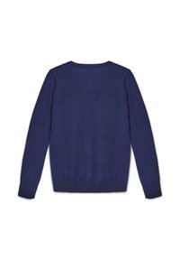 Marineblauer Langarmpullover mit Rundhalsausschnitt, gerippten Bündchen und Saum, von hinten auf einem weißen Hintergrund dargestellt.