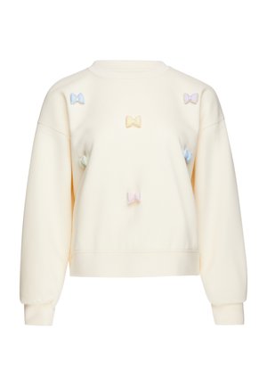 Langærmet sweatshirt i cremefarvet med seks små, pastel-farvede stofsløjfer arrangeret foran.