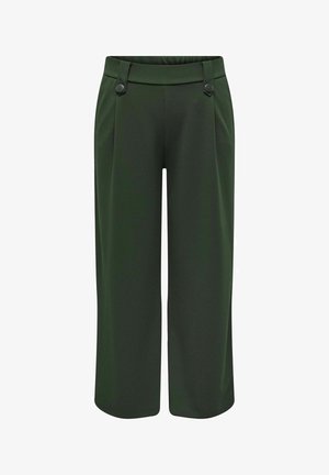 Pantaloni verde scuro a gamba larga con vita alta, dettagli con bottoni sul davanti e tasche laterali.