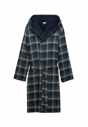 Karierte Bademantel in Marineblau und Grau, mit einer weichen Kapuze, Taillengürtel und langen Ärmeln. Hergestellt aus warmem, strukturiertem Stoff mit einem karierten Muster.