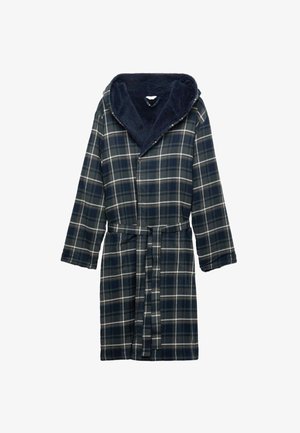 Ruitvormige badjas in marineblauw en grijs, met een zachte capuchon, tailleband en lange mouwen. Gemaakt van warme, gestructureerde stof met een geruit patroon.