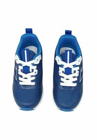 Le scarpe da ginnastica blu presentano una parte superiore in tessuto a rete, lacci bianchi, un motivo texture e una suola in gomma solida con un accento blu.