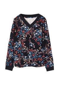 Długo rękawowy top z dekoltem w kształcie V, w granatowej bazie z kwiecistym wzorem w odcieniach czerwieni i niebieskiego, wykonany z miękkiego materiału z prążkowanymi mankietami.