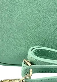 Mintgroene leren tas met een textuur. Beschikt over een bijpassende strap en goudkleurige accenten. Ronde vorm met een gladde afwerking.