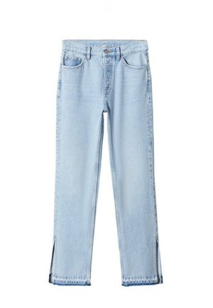 Vaqueros azul claro de corte recto con bolsillos frontales, cierre con botón y cremallera, y pequeñas aberturas laterales en los bajos.