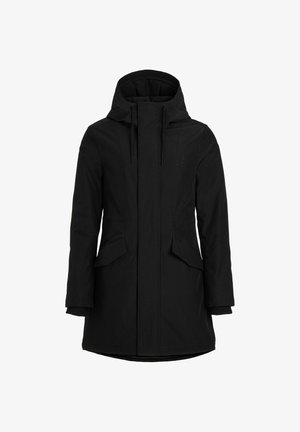 Crni kaput dugih rukava s kapuljačom, izrađen od glatkog materijala. Ima prednje džepove i ravni kroj.