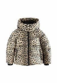 Puffjakke med leopardmønster, der har hætte, sort lynlås og sidelommer. Lavet af skinnende, quiltet stof.