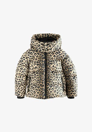 Pufová bunda s leopardím vzorem, kapucí, černým zipem a bočními kapsami. Vyrobena z lesklého, prošívaného materiálu.