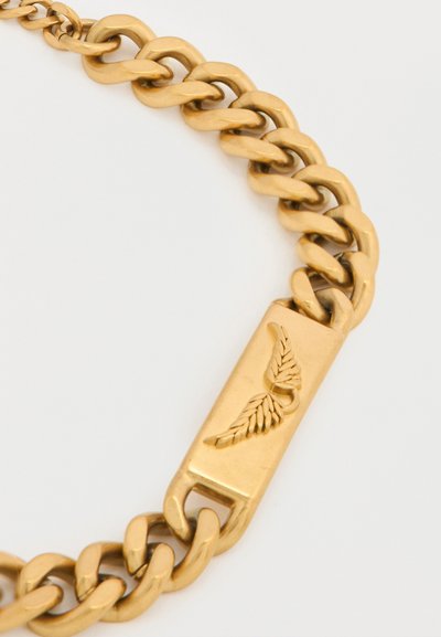 Κολιέ αλυσίδα από μέταλλο με χρυσή απόχρωση, με διασυνδεδεμένους κρίκους και ορθογώνια πλάκα διακοσμημένη με μοτίβο φτερού. Λείες, γυαλιστερές επιφάνειες.