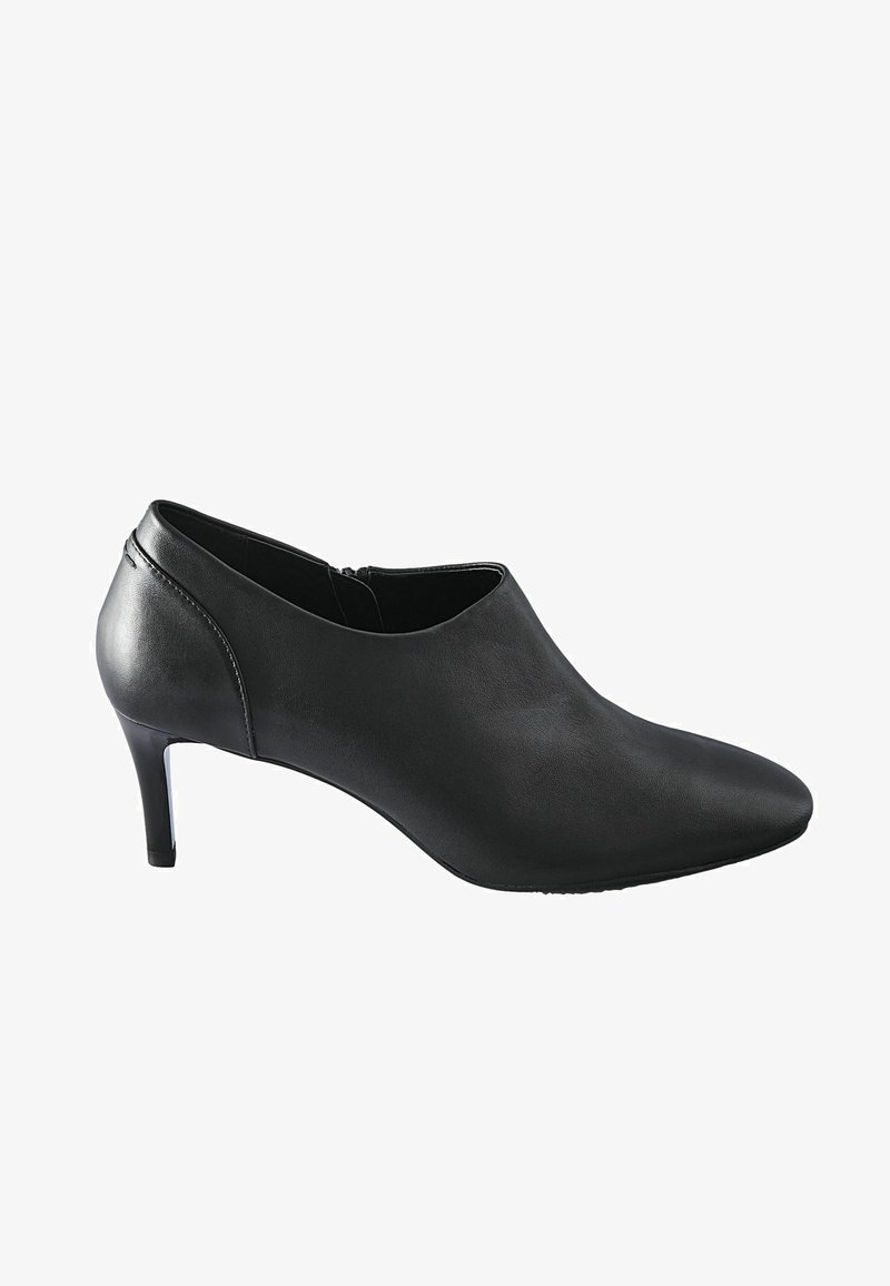 Crna kožna cipele s visokim potpeticama i šiljastim prstima, niskim gornjim dijelom i elegantnim dizajnom. Imaju glatku teksturu i vitku potpeticu.
