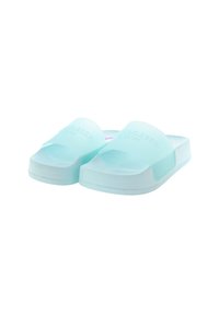 Light blue transparent slide sandals with a wide strap and textured white sole, featuring embossed branding on the strap.