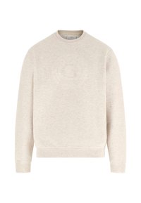 Lichtbeige sweatshirt met een ronde hals, lange mouwen en geribbelde boorden. Voorzien van een subtiel getextureerd logo op de voorkant. Zachte stof.