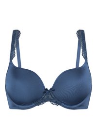 Reggiseno blu navy in tessuto liscio, rifinito con pizzo sulle spalline, coppe sagomate e dettaglio con fiocco centrale, con spalline regolabili e chiusura a gancio.